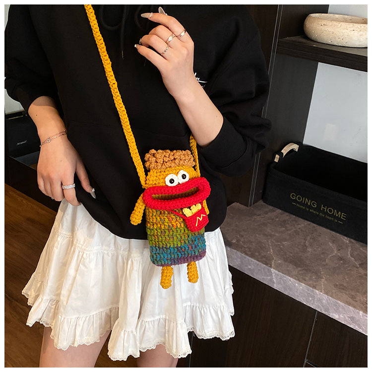 Yarn Crochet Sausage Mouth Phone Bag Finished Handmade Knitted Ugly Cute Crossbody Bag Women's Bag Children's Coin Purse