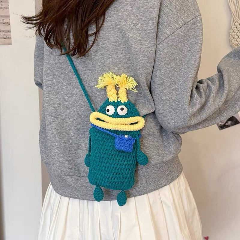 Yarn Crochet Sausage Mouth Phone Bag Finished Handmade Knitted Ugly Cute Crossbody Bag Women's Bag Children's Coin Purse