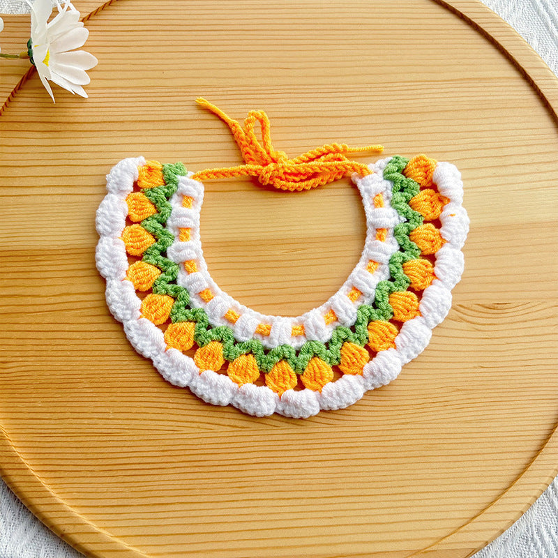 25 Spring Pet Knitted Scarf Cat Flower Woven Collar Dog Yarn Drool Towel Cute Orange Decoration