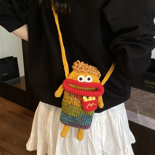 Yarn Crochet Sausage Mouth Phone Bag Finished Handmade Knitted Ugly Cute Crossbody Bag Women's Bag Children's Coin Purse