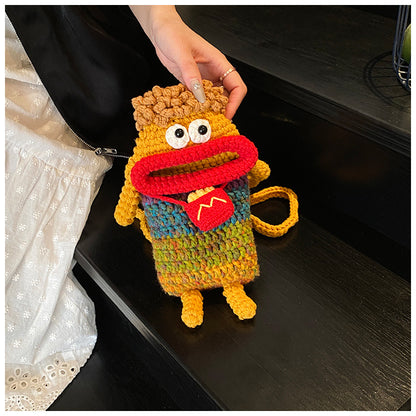 Yarn Crochet Sausage Mouth Phone Bag Finished Handmade Knitted Ugly Cute Crossbody Bag Women's Bag Children's Coin Purse