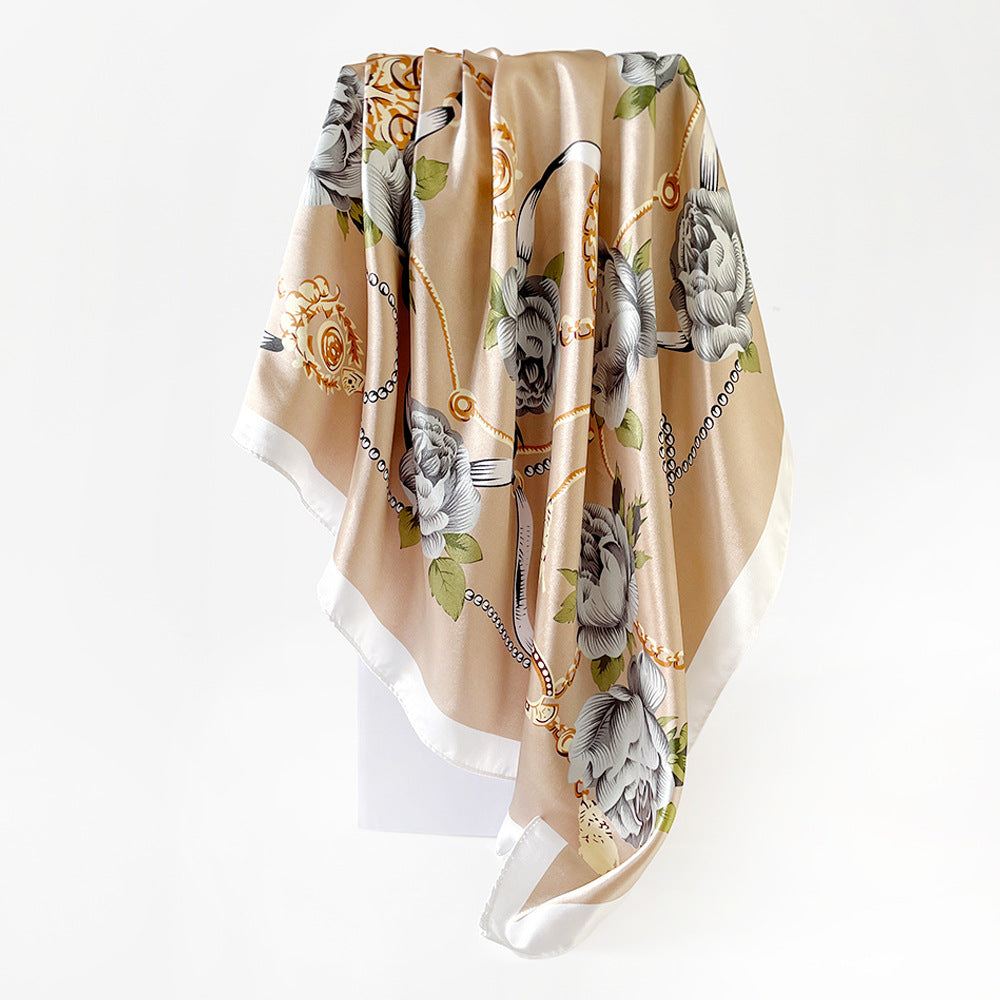 90cm Silk Scarf Wholesale Satin Headscarf Classic Floral Print Large Square Scarf Silk Scarf European and American Women's Cross-Border Shawl