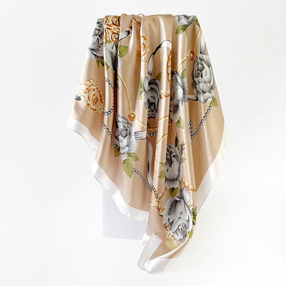 90cm Silk Scarf Wholesale Satin Headscarf Classic Floral Print Large Square Scarf Silk Scarf European and American Women's Cross-Border Shawl